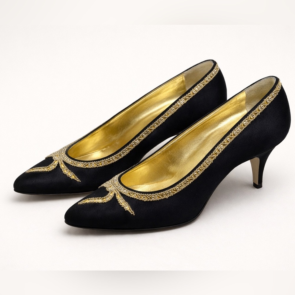 Rene Caovilla Black Satin Beaded Pumps Gold Trim Italy 8